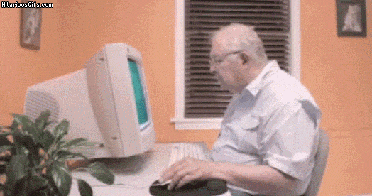 Comic gif of an old man sending his computer to the trash can and how it disappears in reality.